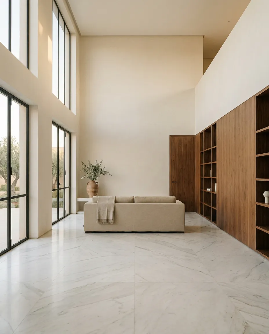 Séjour double hauteur : sol en grandes dalles effet marbre Calacatta et mur de menuiserie en noyer sur mesure
