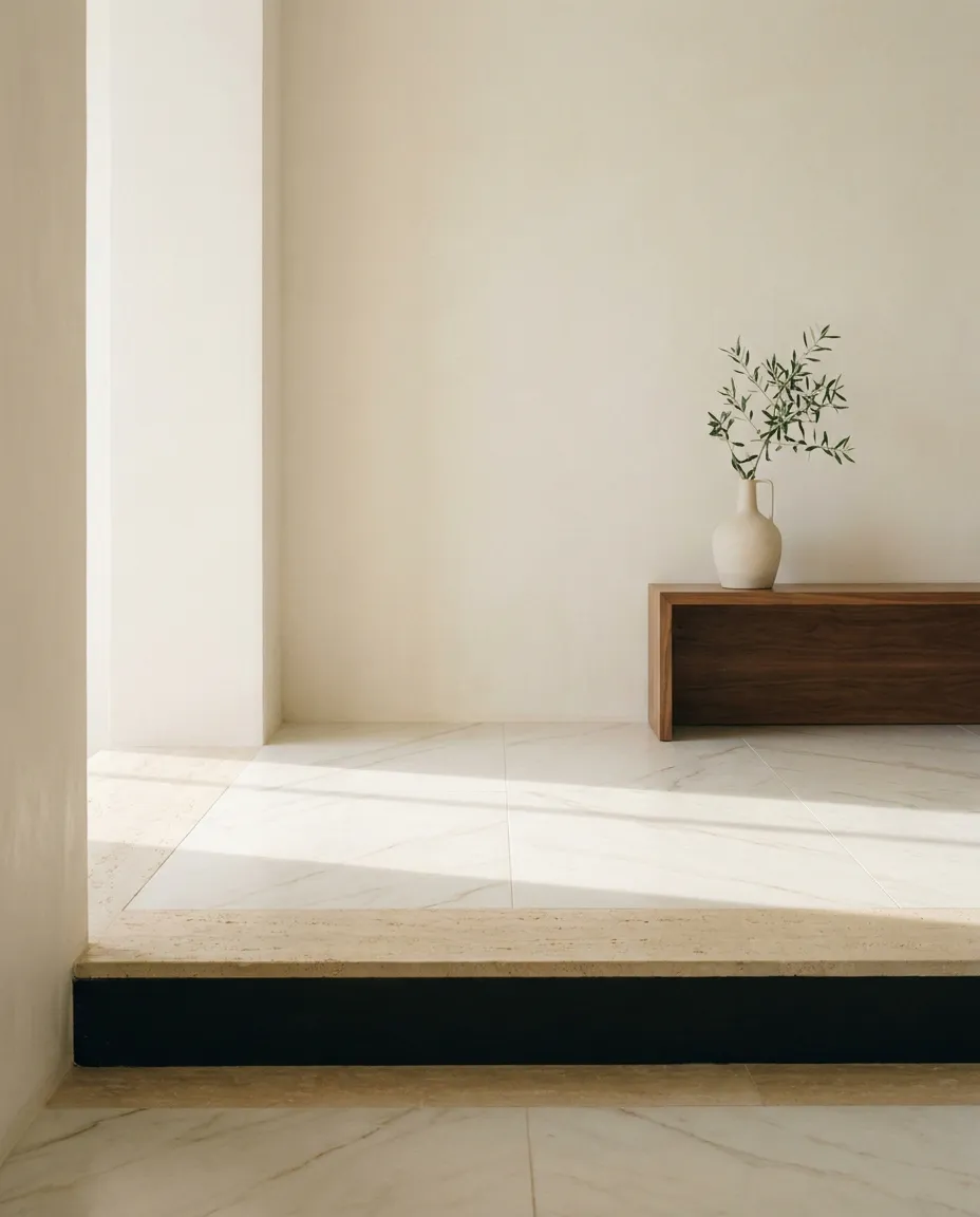 Sol fraîchement posé en dalles de grès cérame effet marbre 120 × 280 cm, joints très fins, rejoignant une marche en travertin