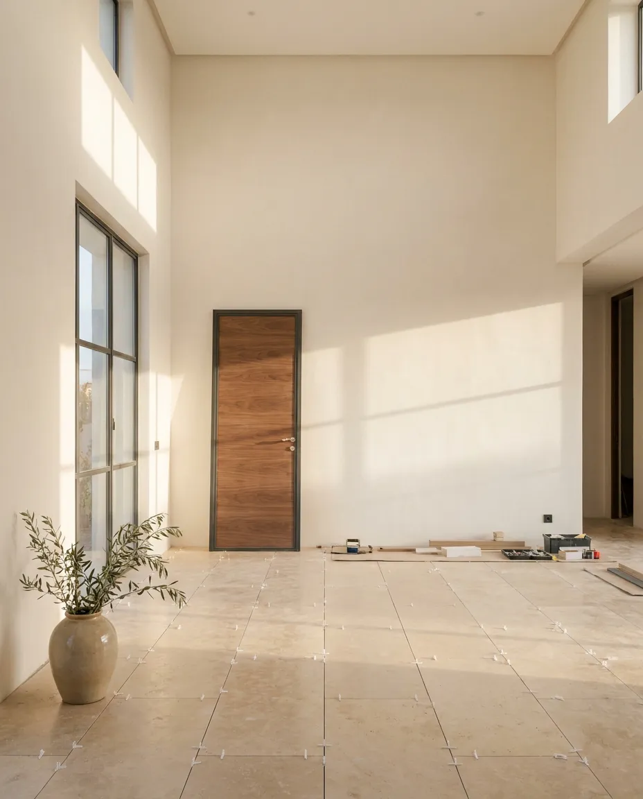 Villa neuve en phase de finitions : séjour lumineux aux murs enduits à la chaux, carrelage grand format en cours de pose, porte en chêne neuve