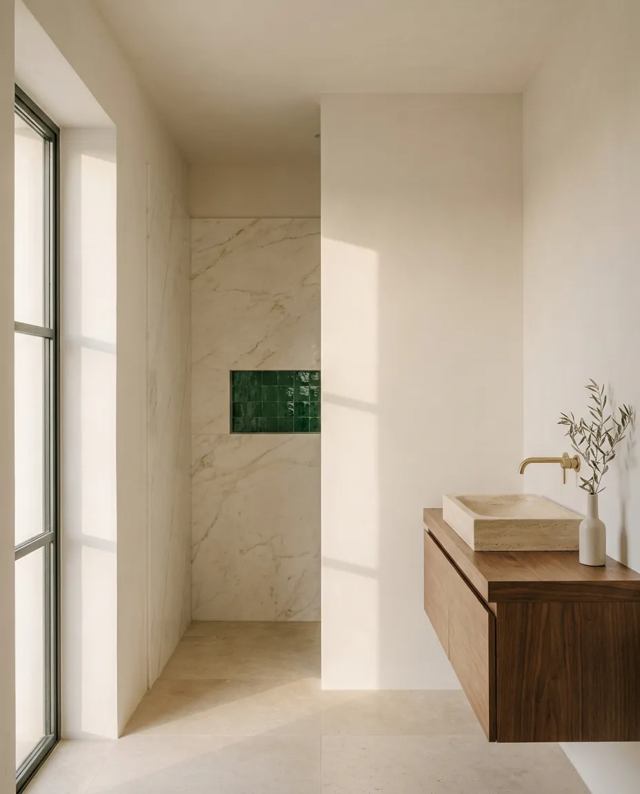 Salle de bains : douche à l'italienne en marbre Calacatta, meuble vasque suspendu en noyer avec vasque en travertin et niche en zellige émeraude