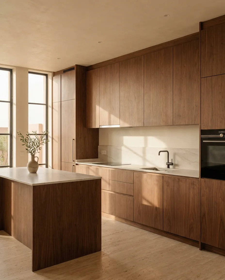 Cuisine sur mesure en noyer américain : meubles bas et hauts jusqu'au plafond, colonnes avec four et réfrigérateur intégrés, îlot et plan en grès effet marbre