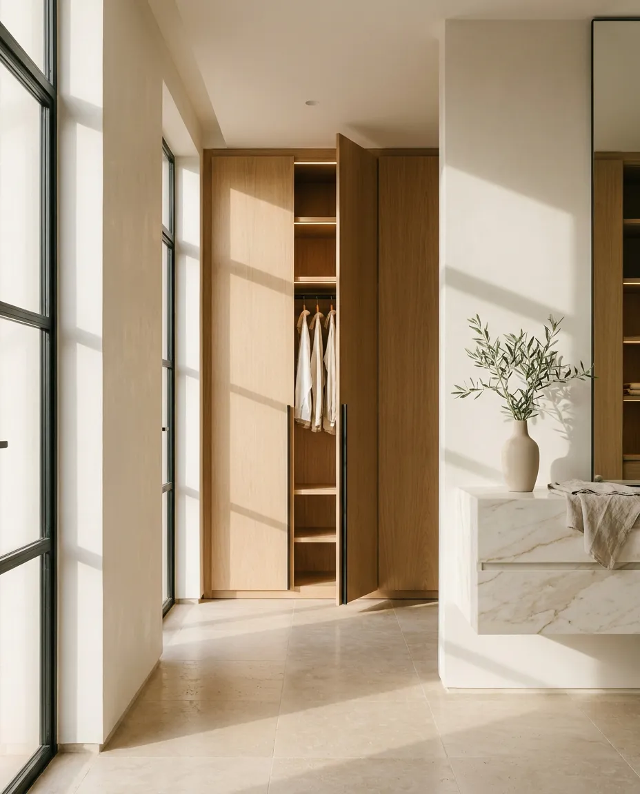 Dressing en chêne naturel du sol au plafond, une porte ouverte sur les étagères et la penderie, sol en travertin