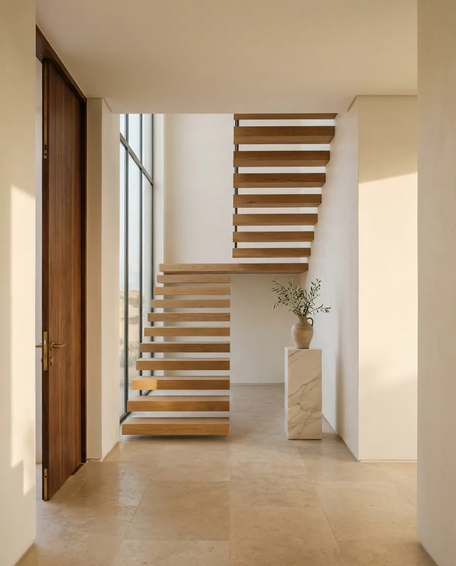 Hall d'entrée avec haute porte pivotante en chêne massif et escalier flottant en chêne aux marches épaisses