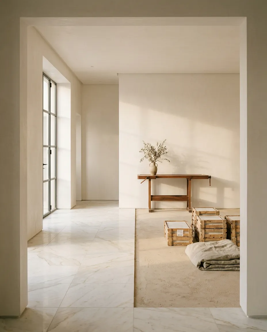Appartement en cours de rénovation : moitié du sol déjà carrelée en grand format, chape nue, caisses de carrelage et murs fraîchement enduits