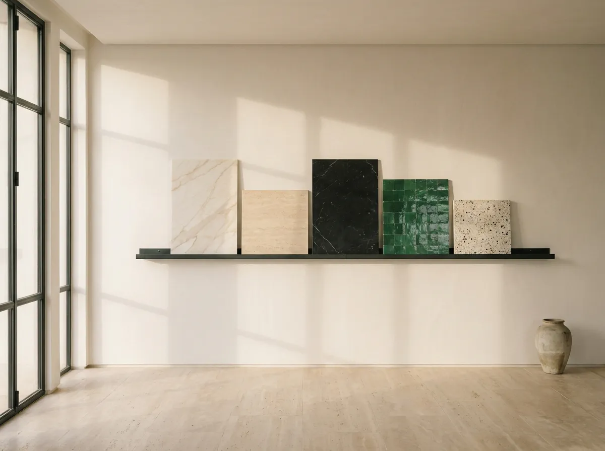 Mur du showroom présentant des échantillons de carrelage et de pierre grand format sur un rail en acier noir : Calacatta, travertin, Marquina, zellige émeraude, terrazzo