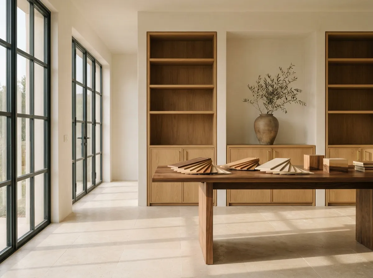 Table du showroom avec des échantillons de placages et de bois massifs disposés en éventail : noyer, chêne, cèdre de l'Atlas, teck, frêne, MDF laqué sable